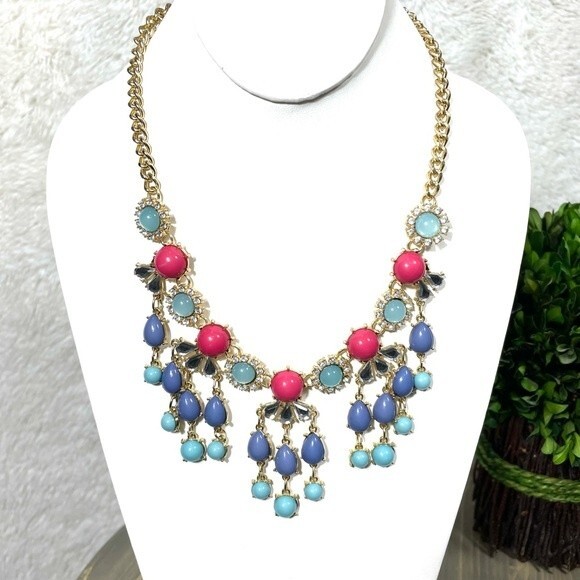 Multi Color Rhinestones Crystals Fan Cluster Statement Babble Necklace - Picture 1 of 7